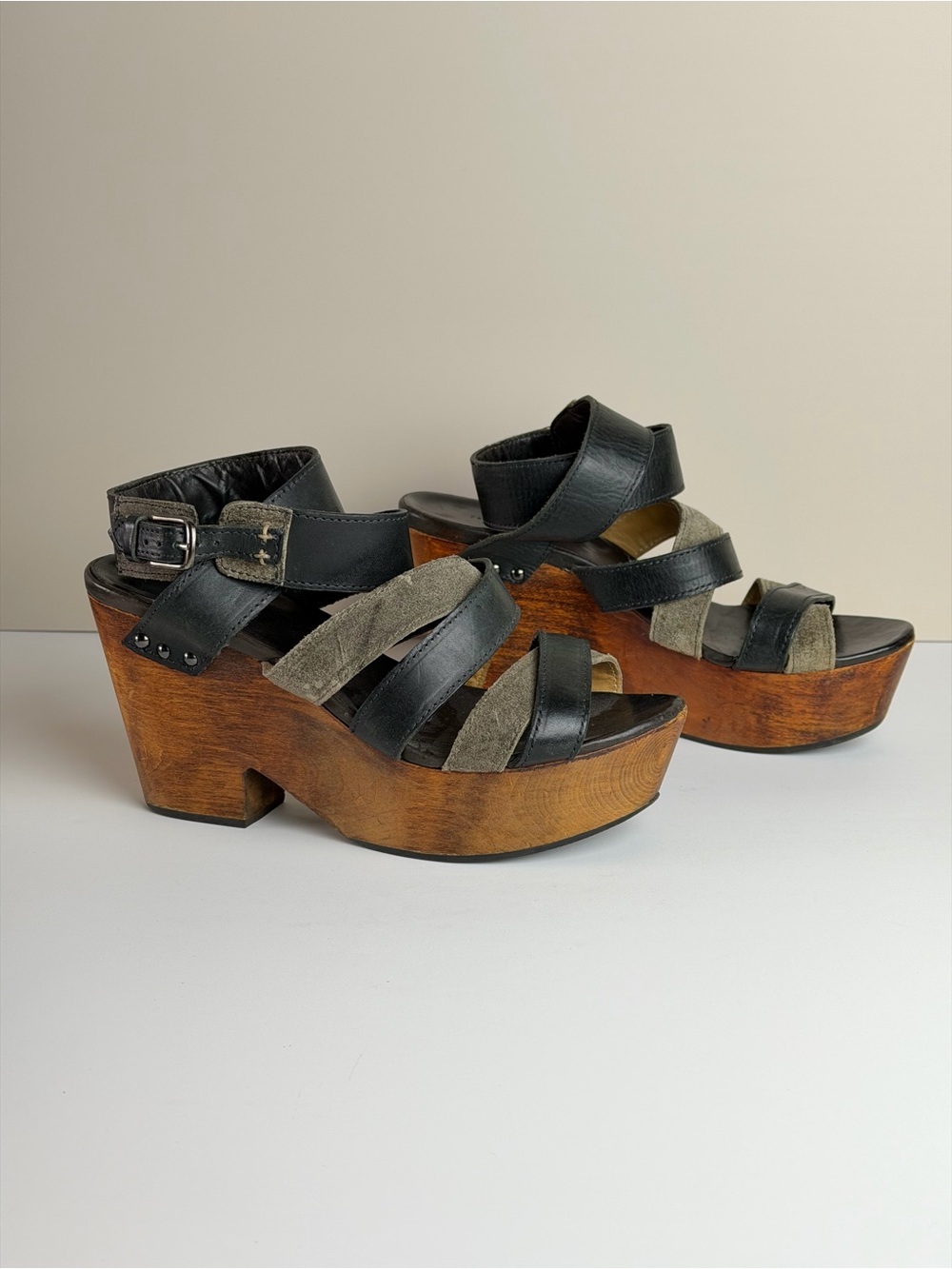 Rag & Bone Addington Leather Platform Wedge Sandals Black Wood Heel Women’s 7